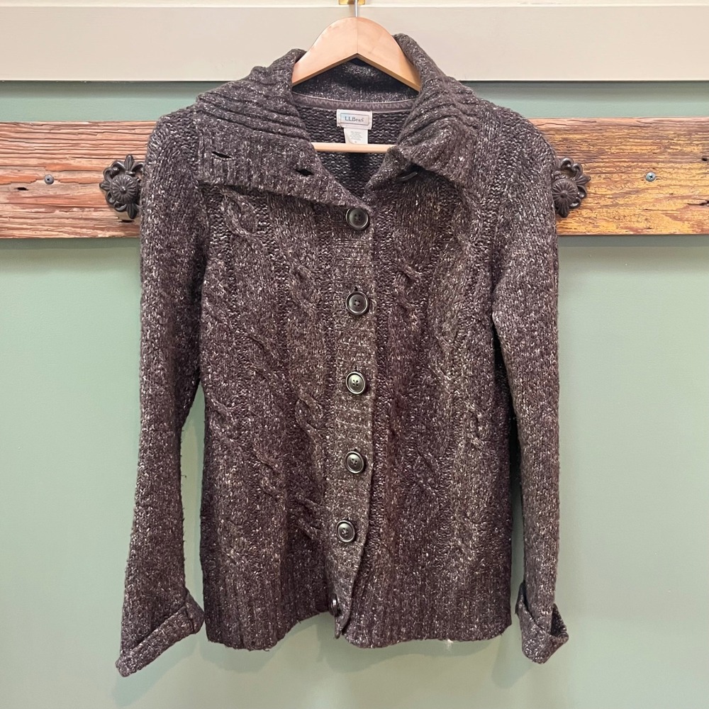 LL Bean Womens Small Brown Wool Blend Cable Knit Shawl Collar Cardigan Sweater